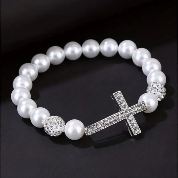 3 for $26 - Rhinestone Cross Pearl Bracelet - Picture 1 of 4